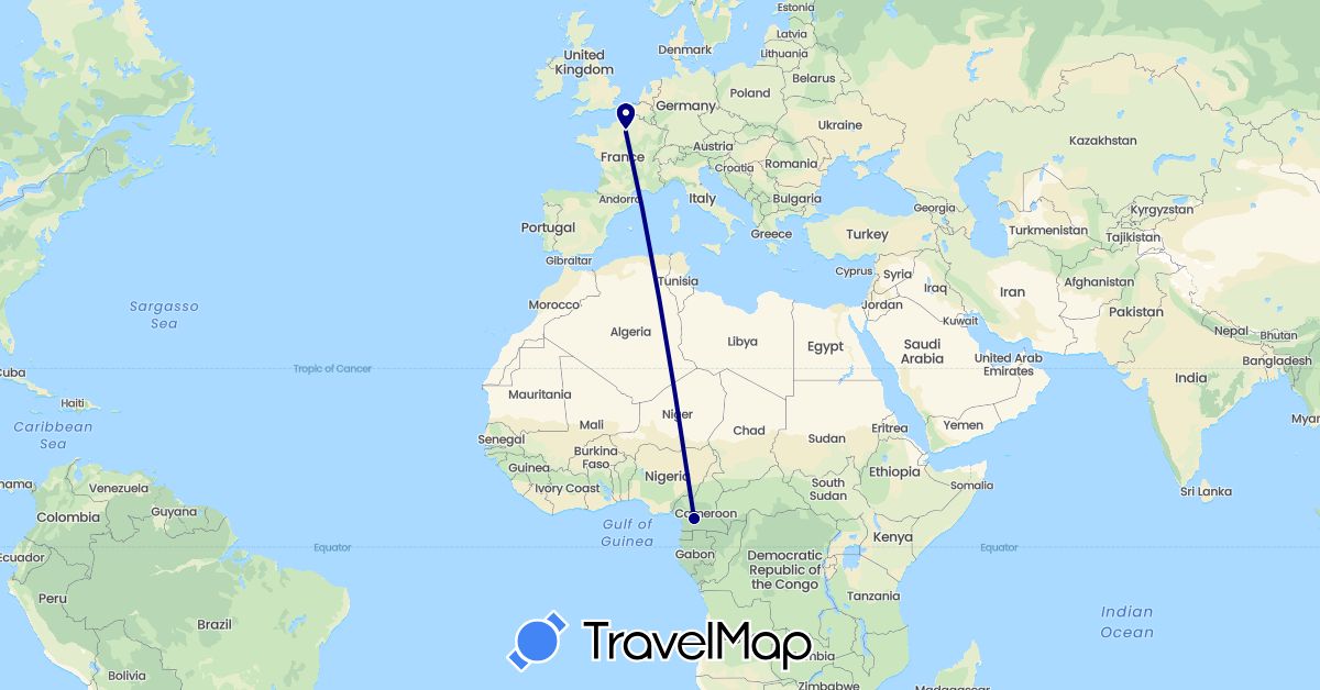 TravelMap itinerary: driving in Cameroon, France (Africa, Europe)